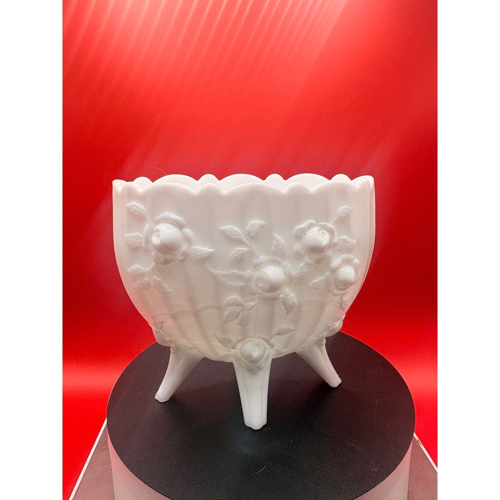 Vintage White Milk Glass Rose Embossed Tripod Footed Planter Vase 5 inch